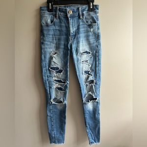 American Eagle, medium wash, distressed ripped jeans